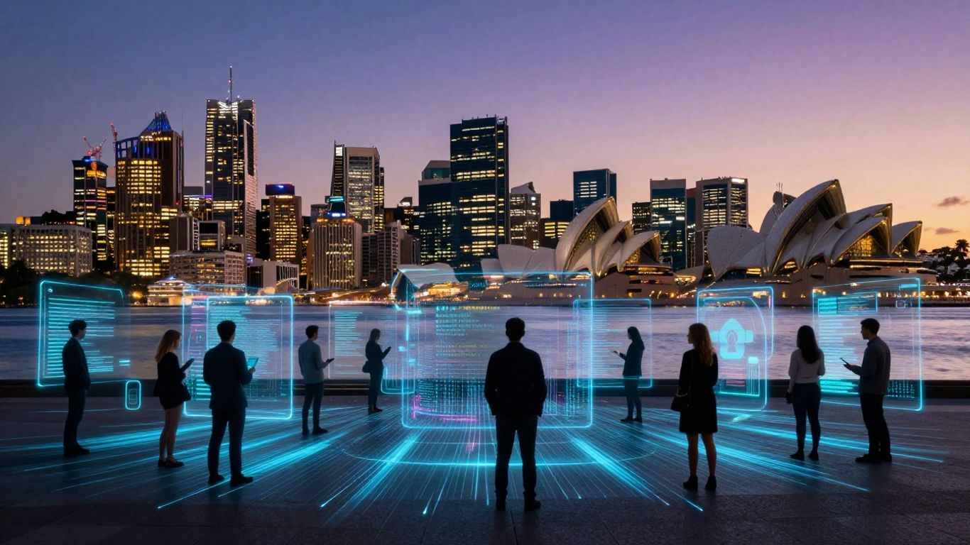 Australian city skyline with digital data streams and AI interfaces.
