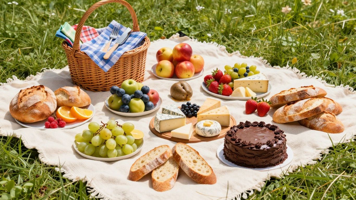 Picnic spread with fresh food and a chocolate cake.