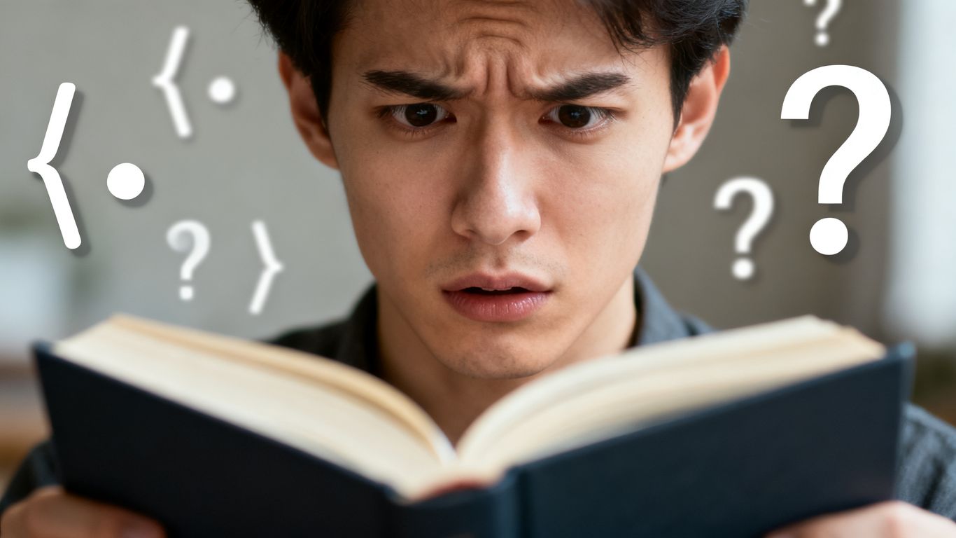 Confused person surrounded by floating grammar symbols.