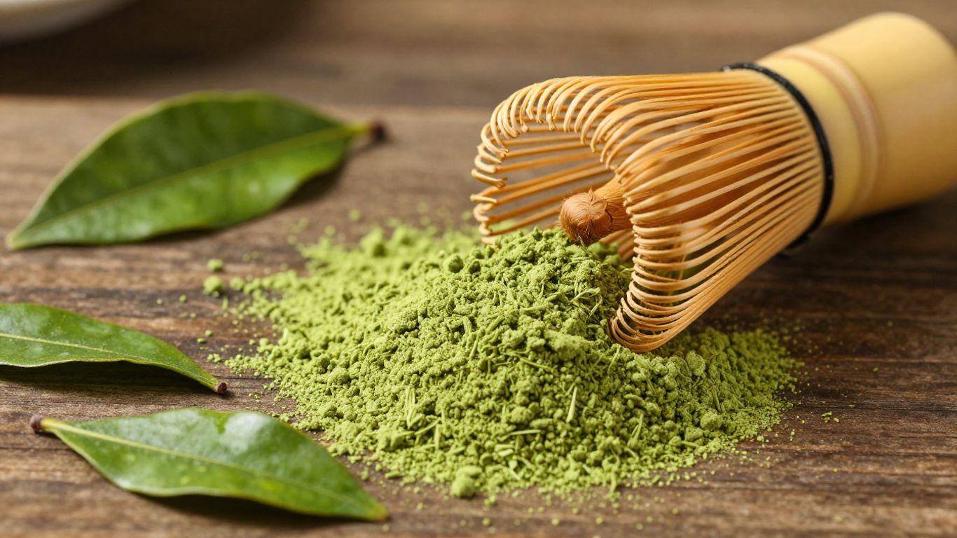 Vibrant green matcha powder with bamboo whisk and tea leaves.