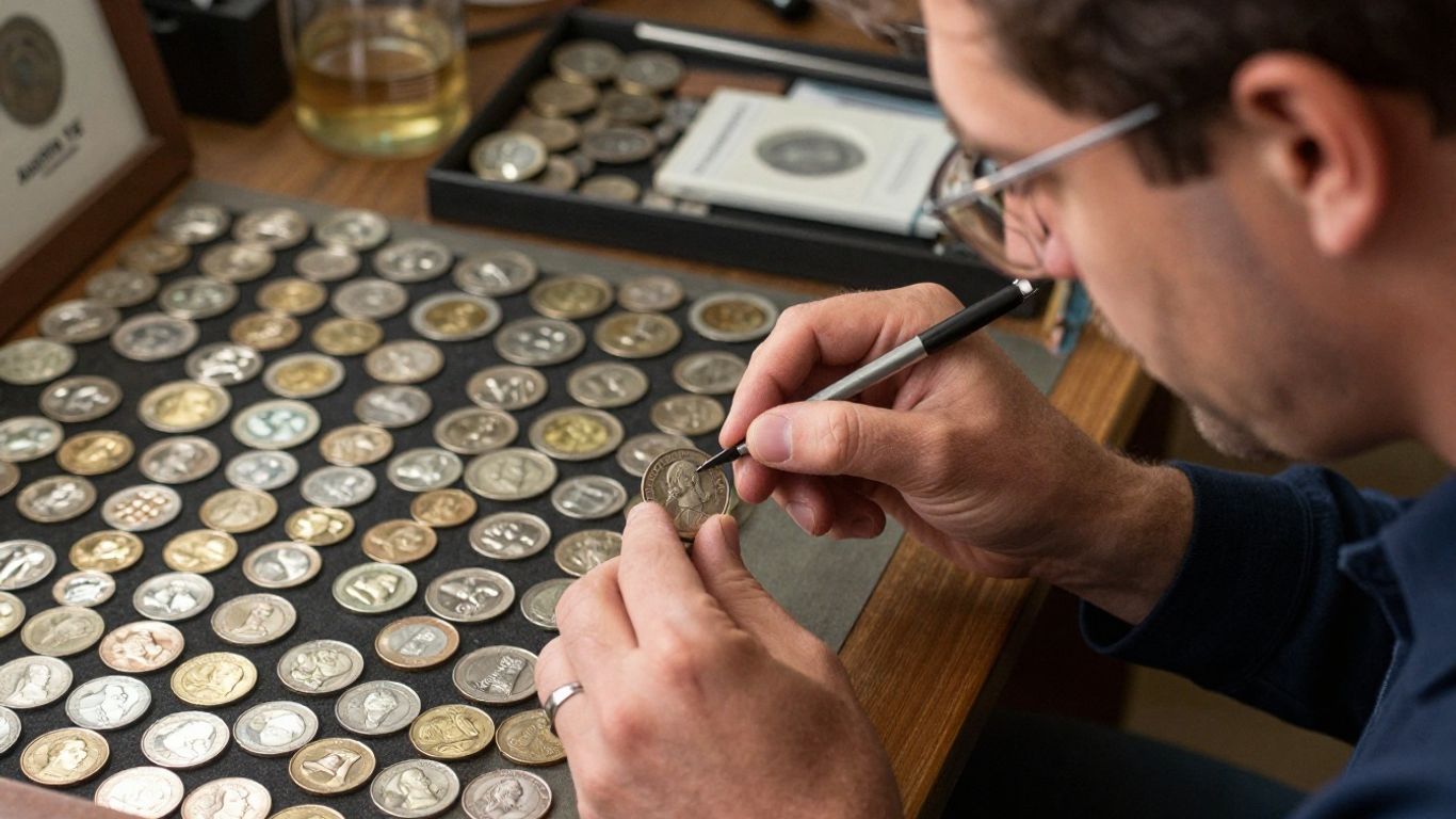 Coin expert appraising valuable coins in Austin.