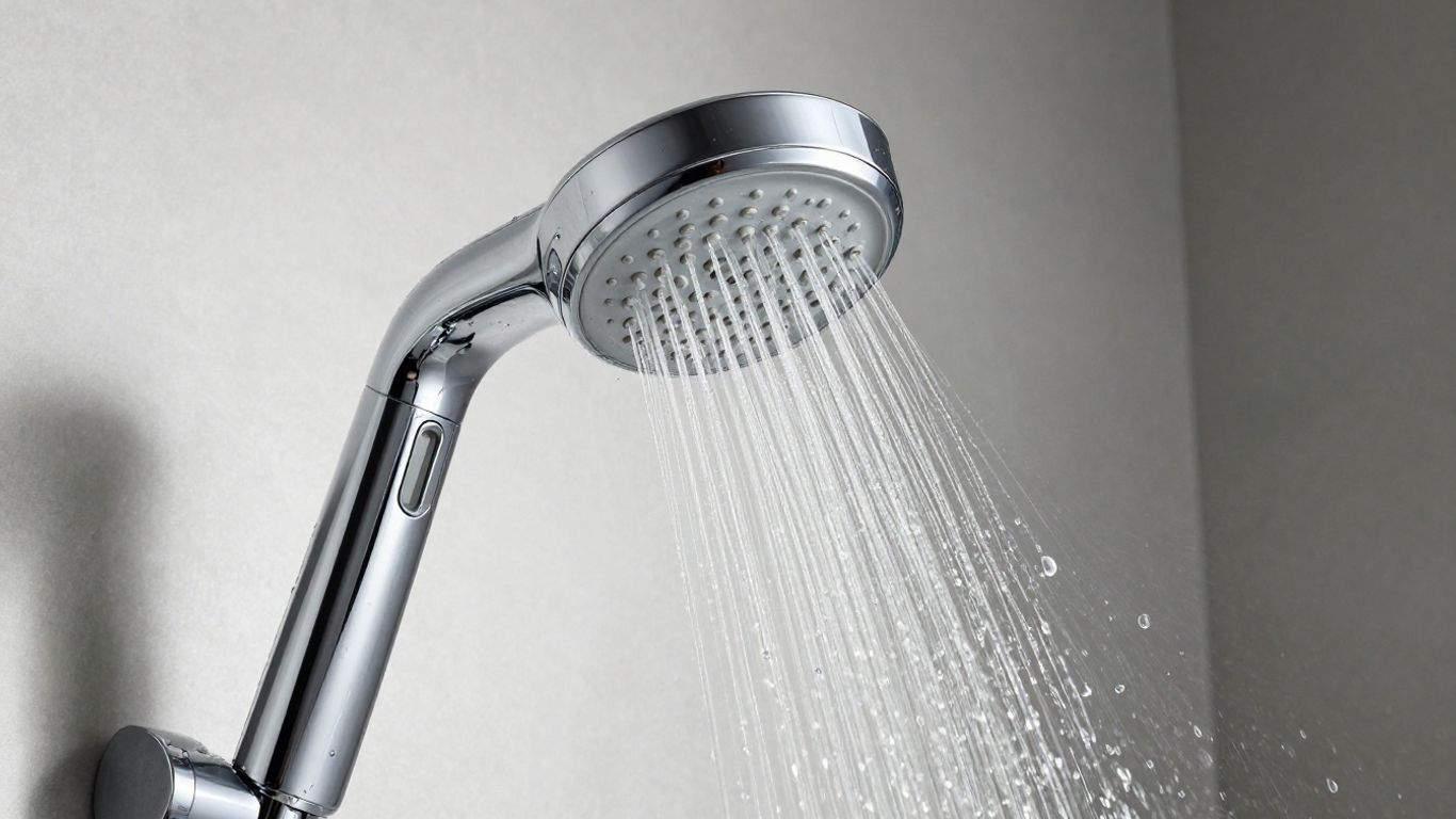Modern high-pressure rainfall shower head in a steamy bathroom.