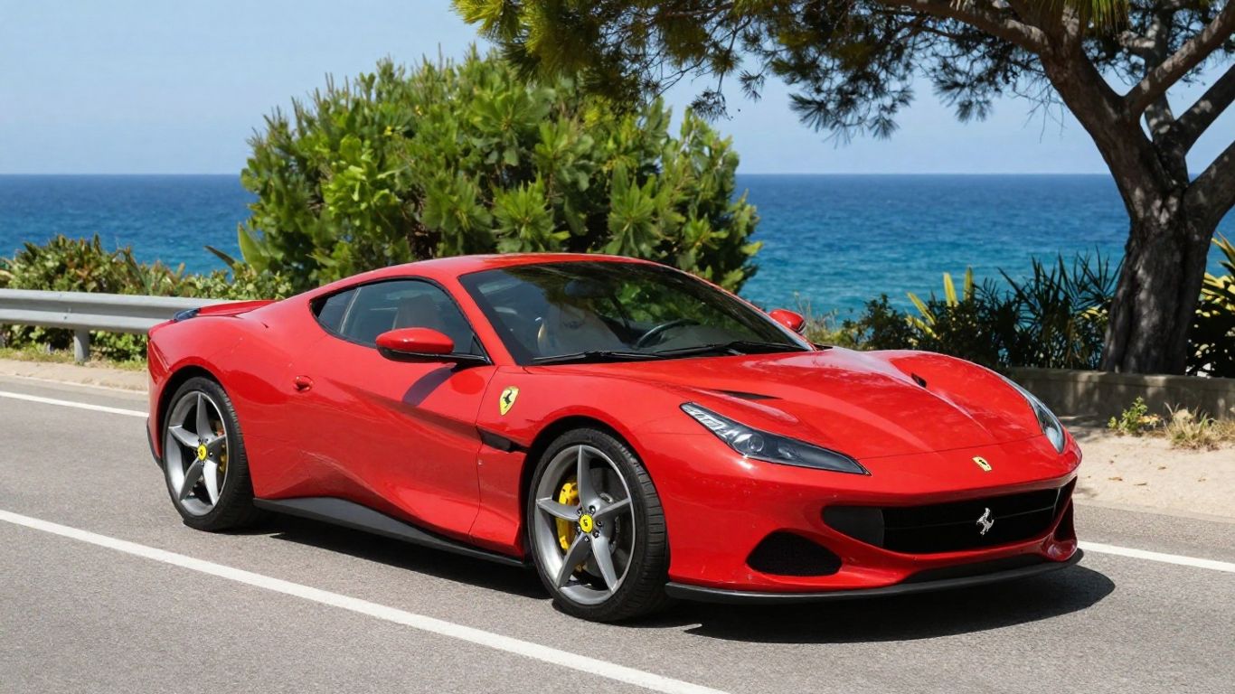 Red Ferrari Portofino on scenic coastal road
