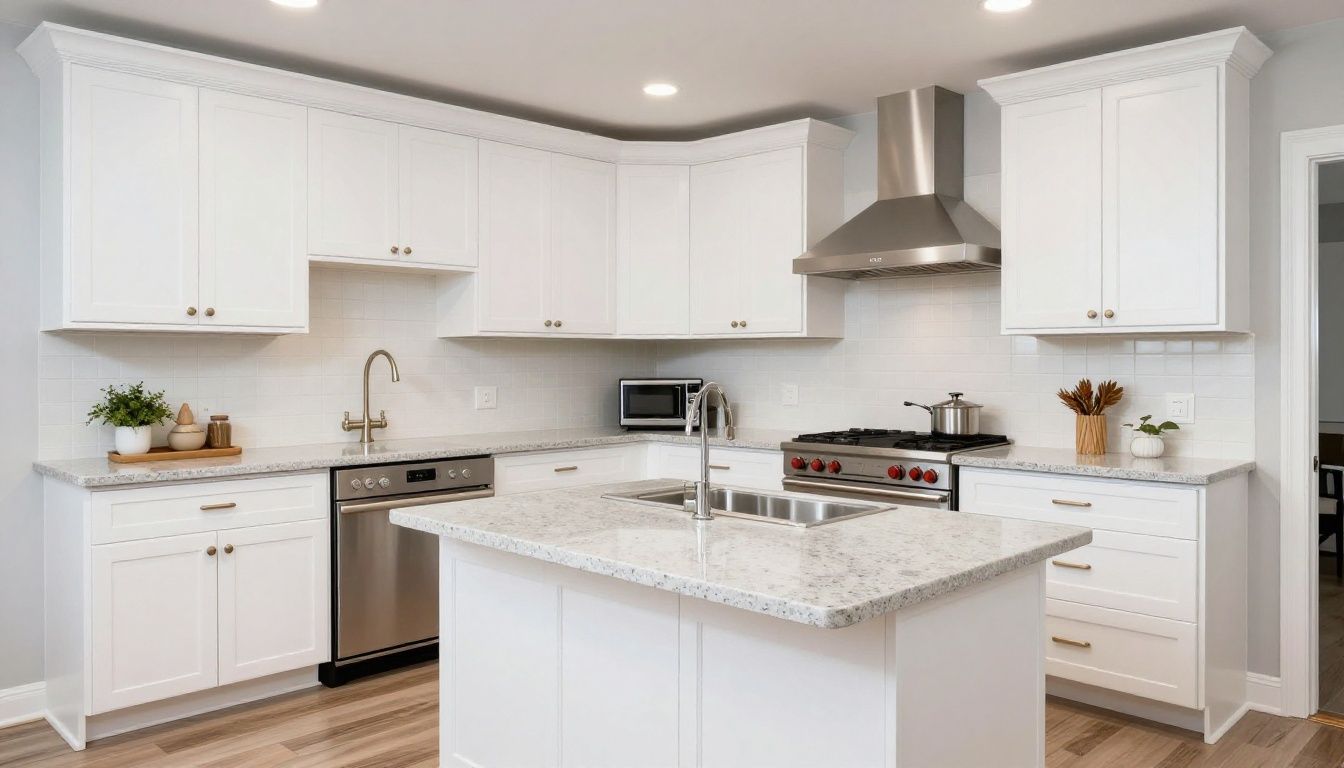 A beautiful transitional kitchen in a North York home featuring white cabinets and a grey quartz countertop island.