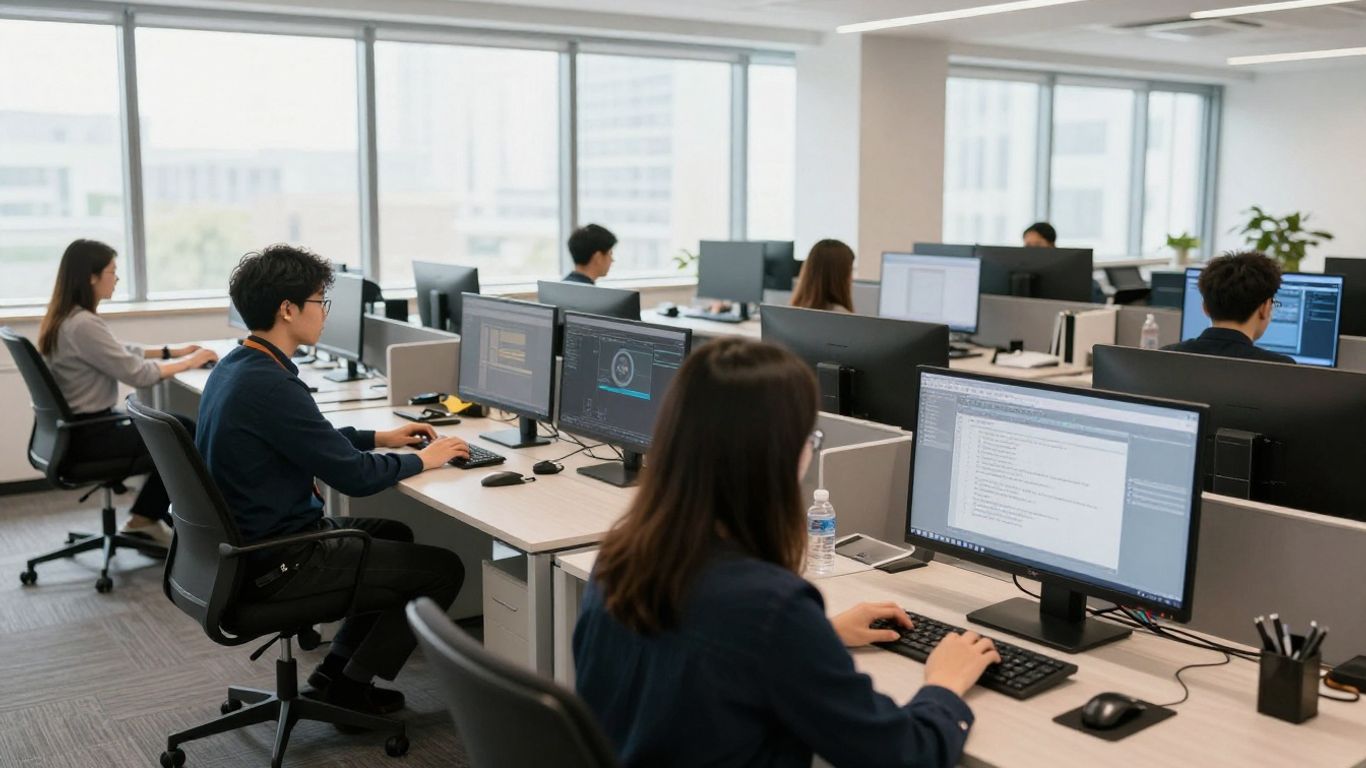 SolidWorks software on computer screens in an office.