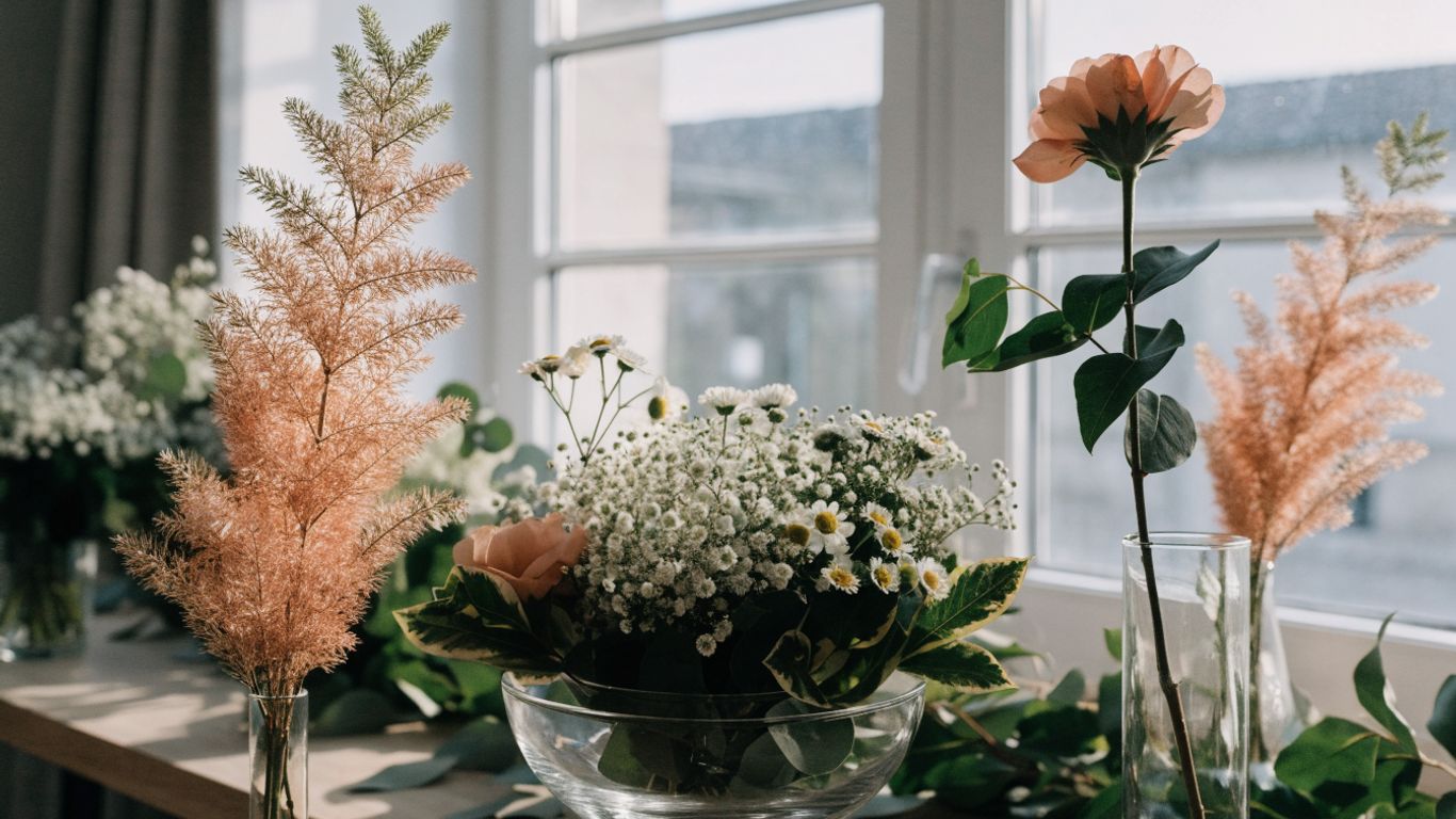 Seasonal flowers arranged beside a venue window