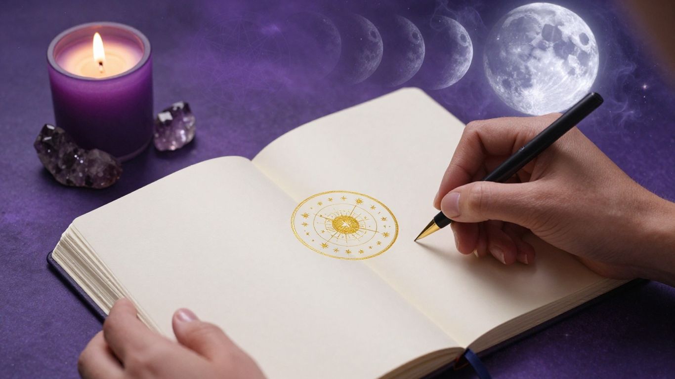 Hands writing intentions beneath a cosmic moon