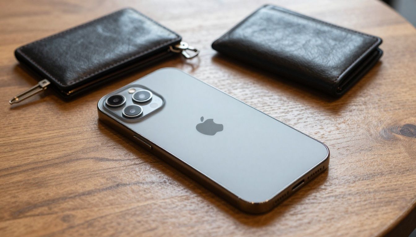 An overhead shot of an iPhone 15 Plus in a wallet case lying on a wooden cafe table next to a wallet and keys, showing a practical, everyday scene.