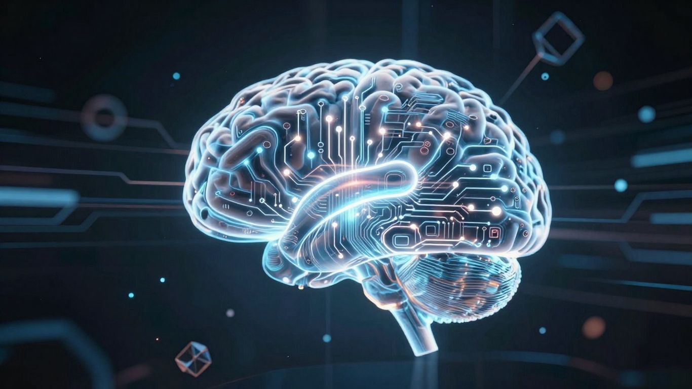 Futuristic AI brain with glowing circuits.
