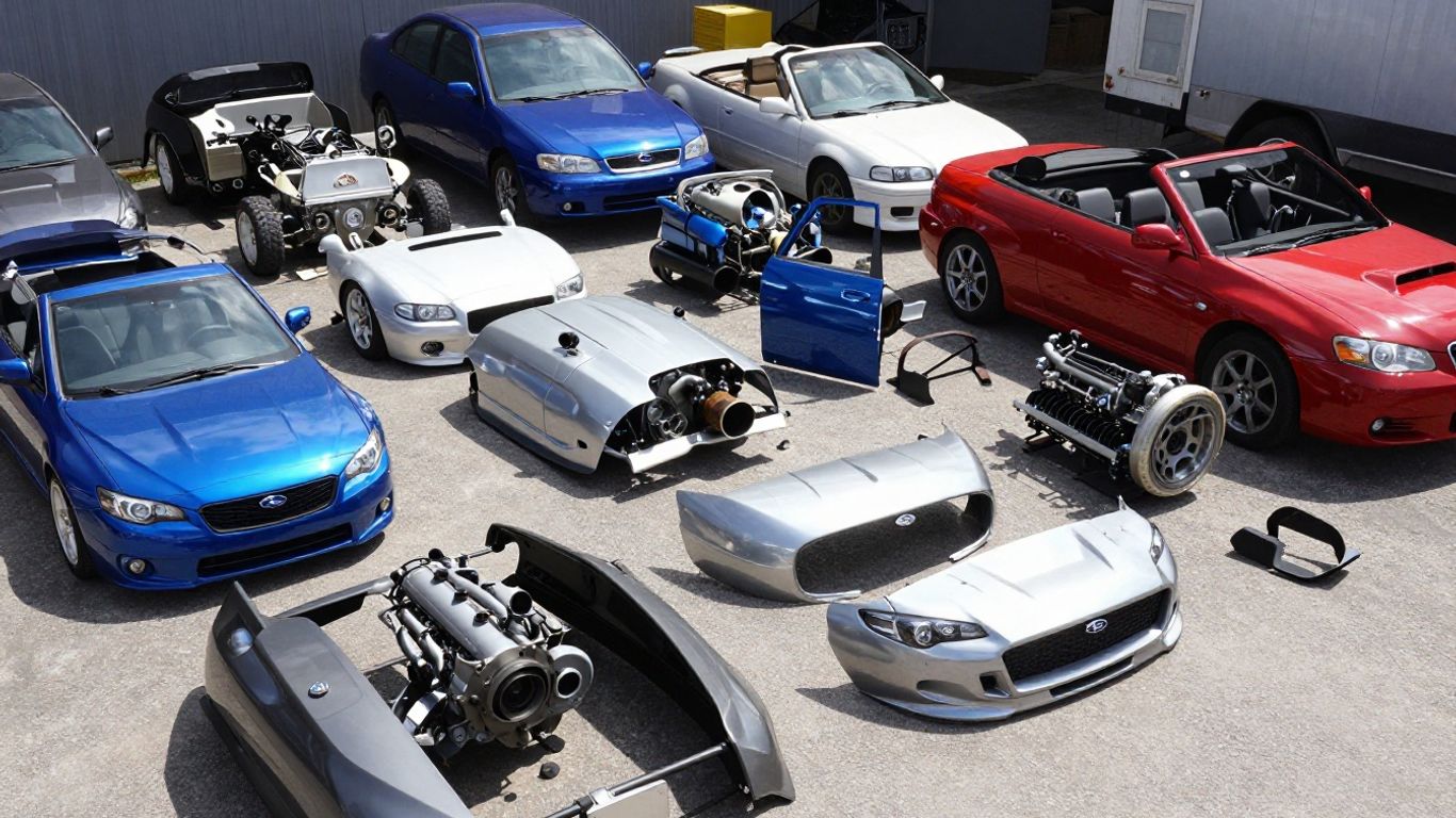 Subaru car parts at a wrecking yard.