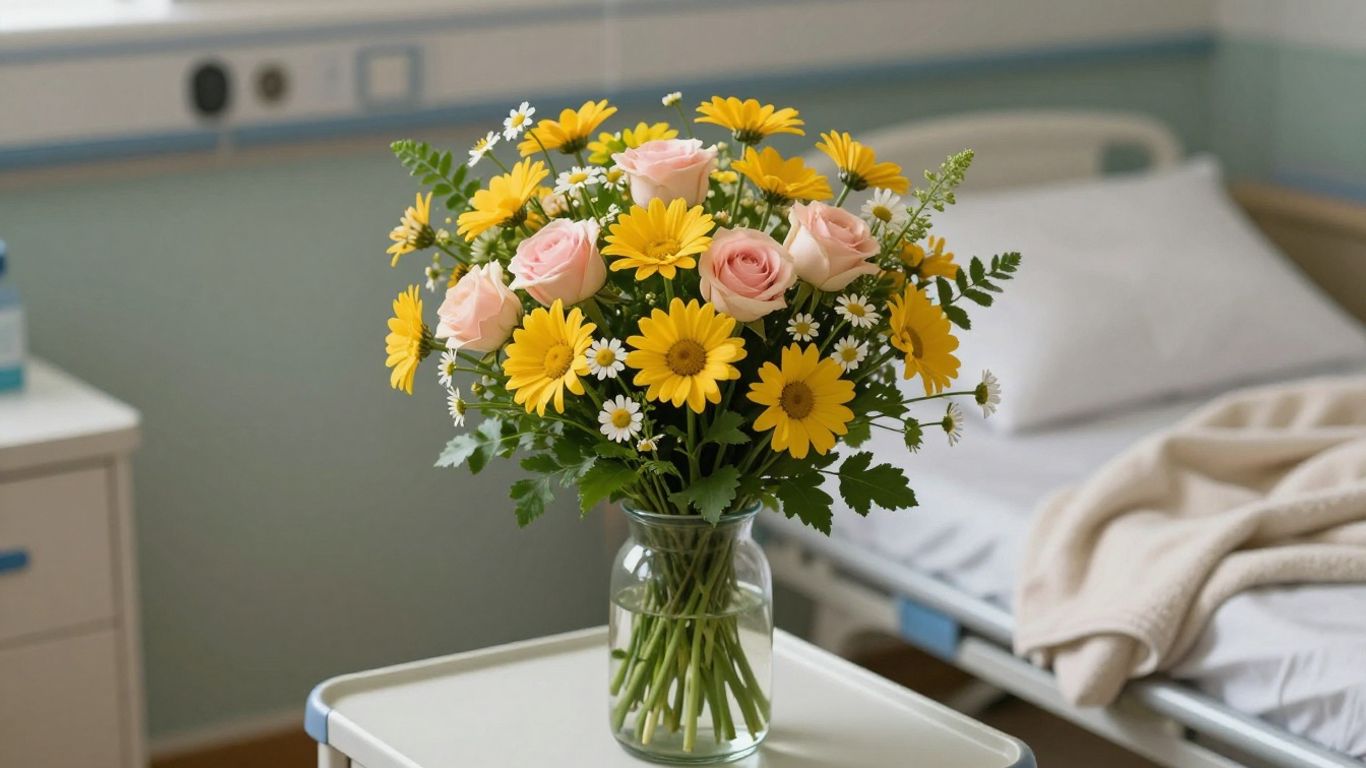 Bright compact get well bouquet beside bed