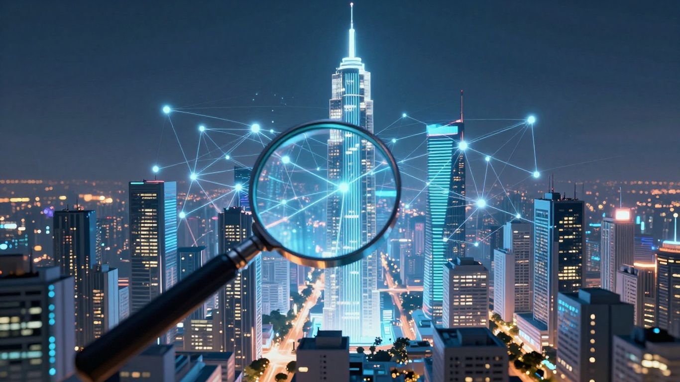 Futuristic city with glowing data streams and magnifying glass.