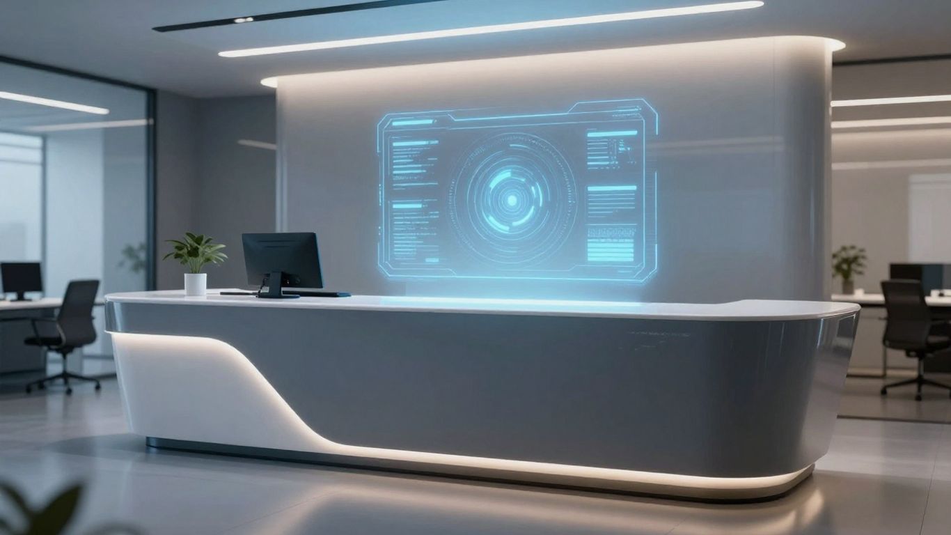 AI receptionist interface in a modern office setting.