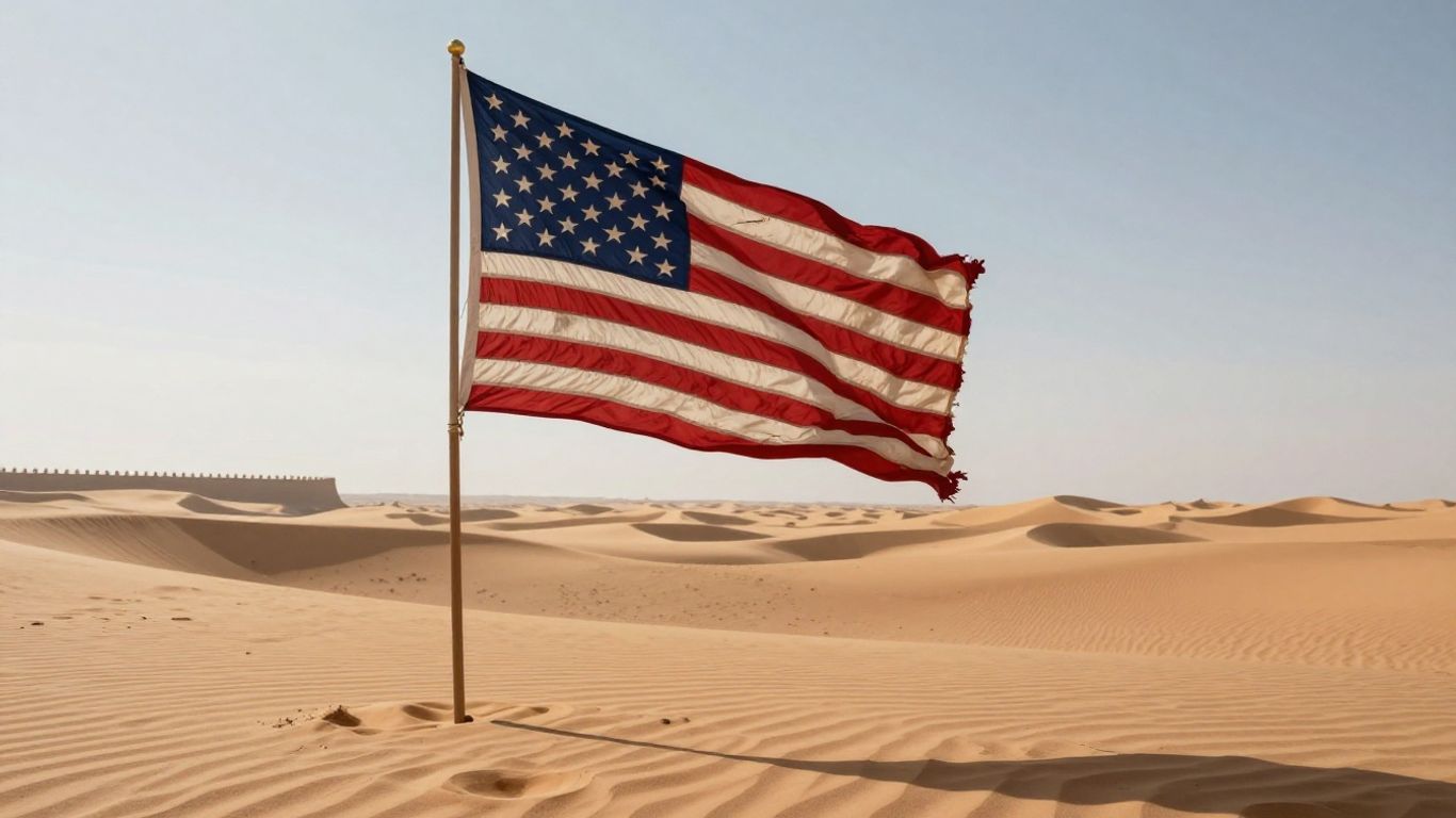 American flag in desert landscape with distant border wall.