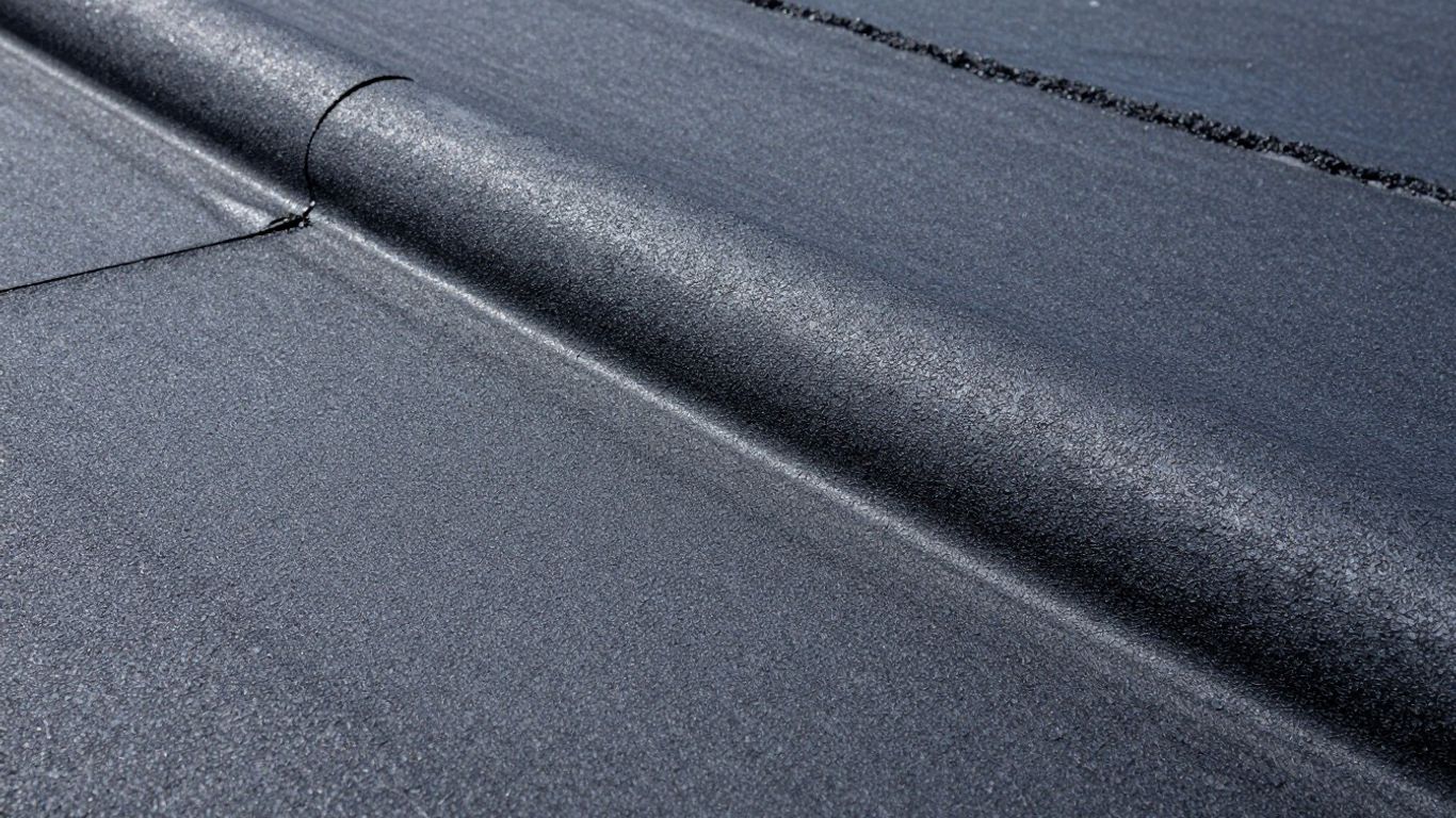Modified bitumen roof surface with visible seams and texture.