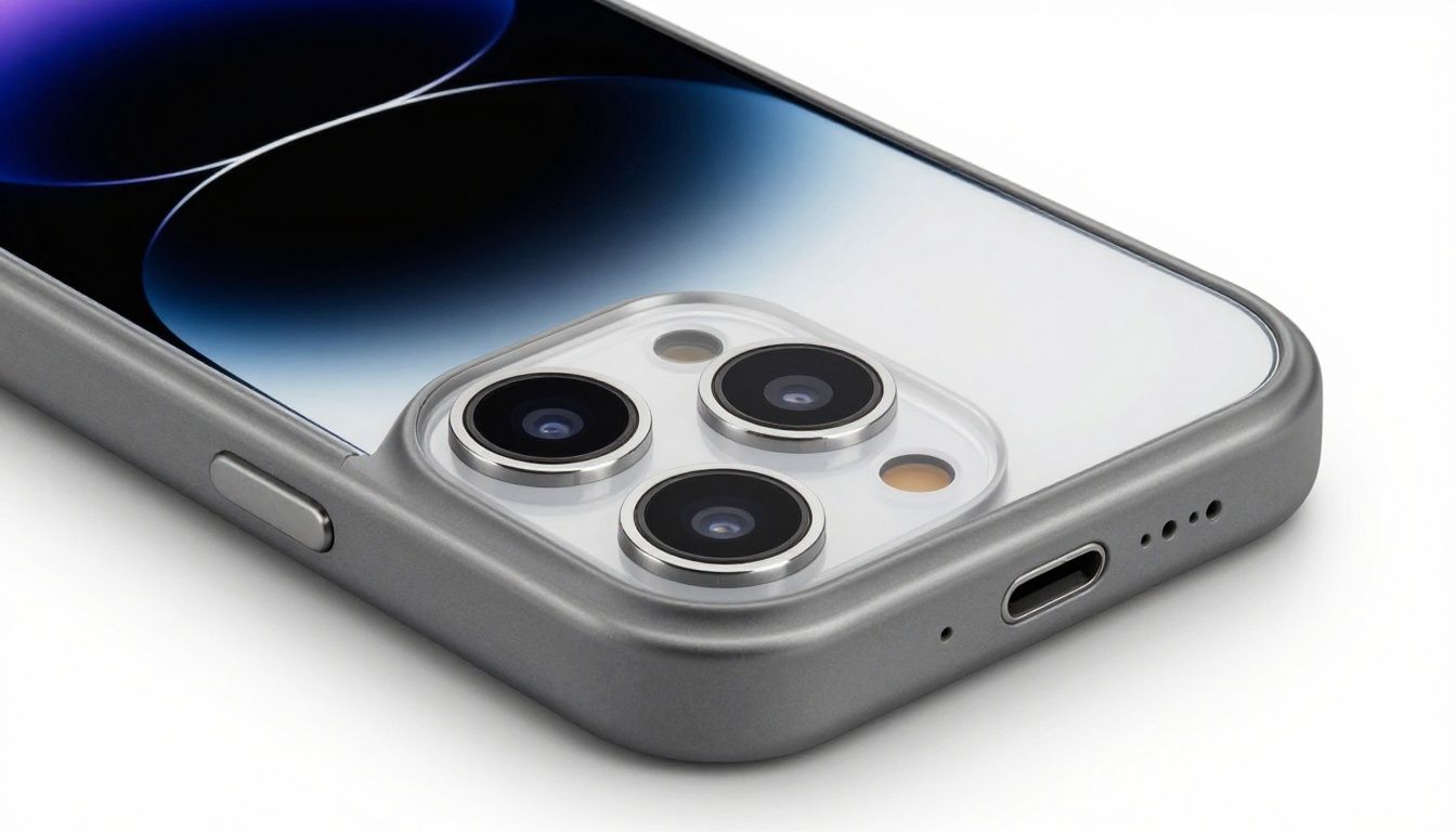 Close-up of an iPhone 16 case showing the raised edges protecting the screen and camera lenses.