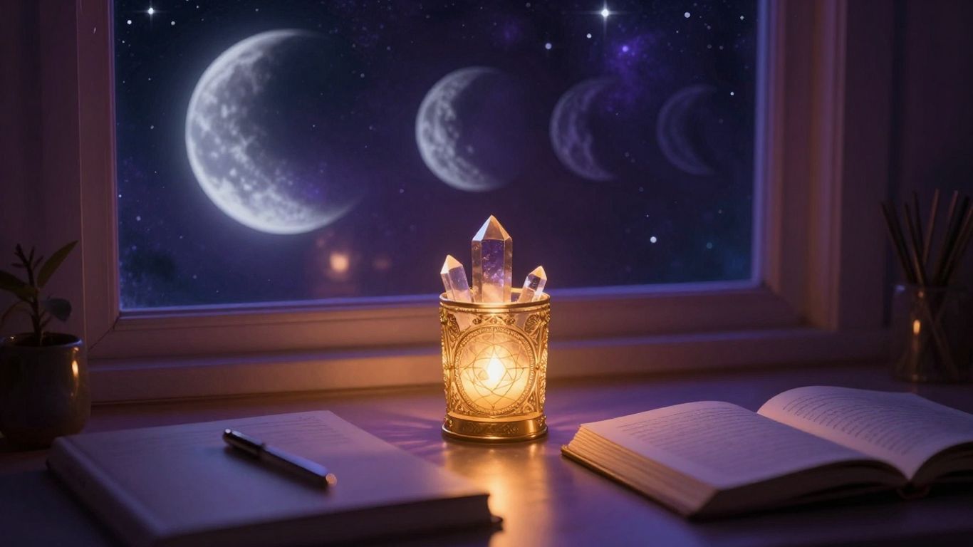 Twilight desk with crystals and golden cosmic glow