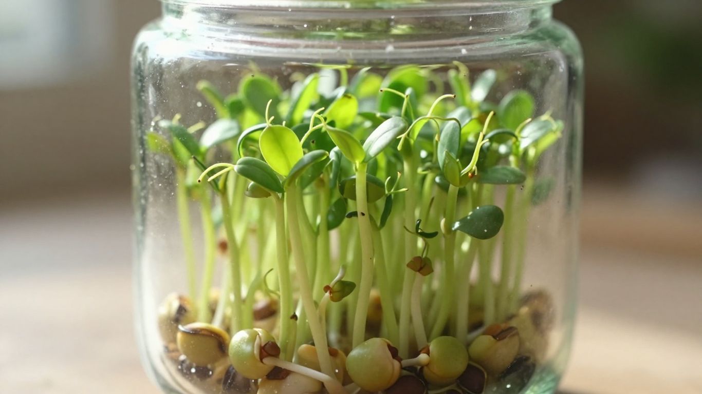 Jar of fresh lentil sprouts with sunlight.