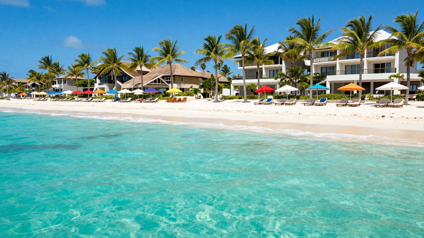 Punta Cana beach with palm trees and resort