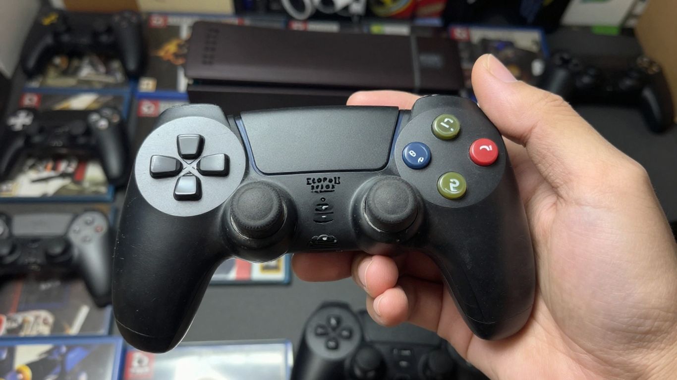 Hand holding a used gaming console with game cases.