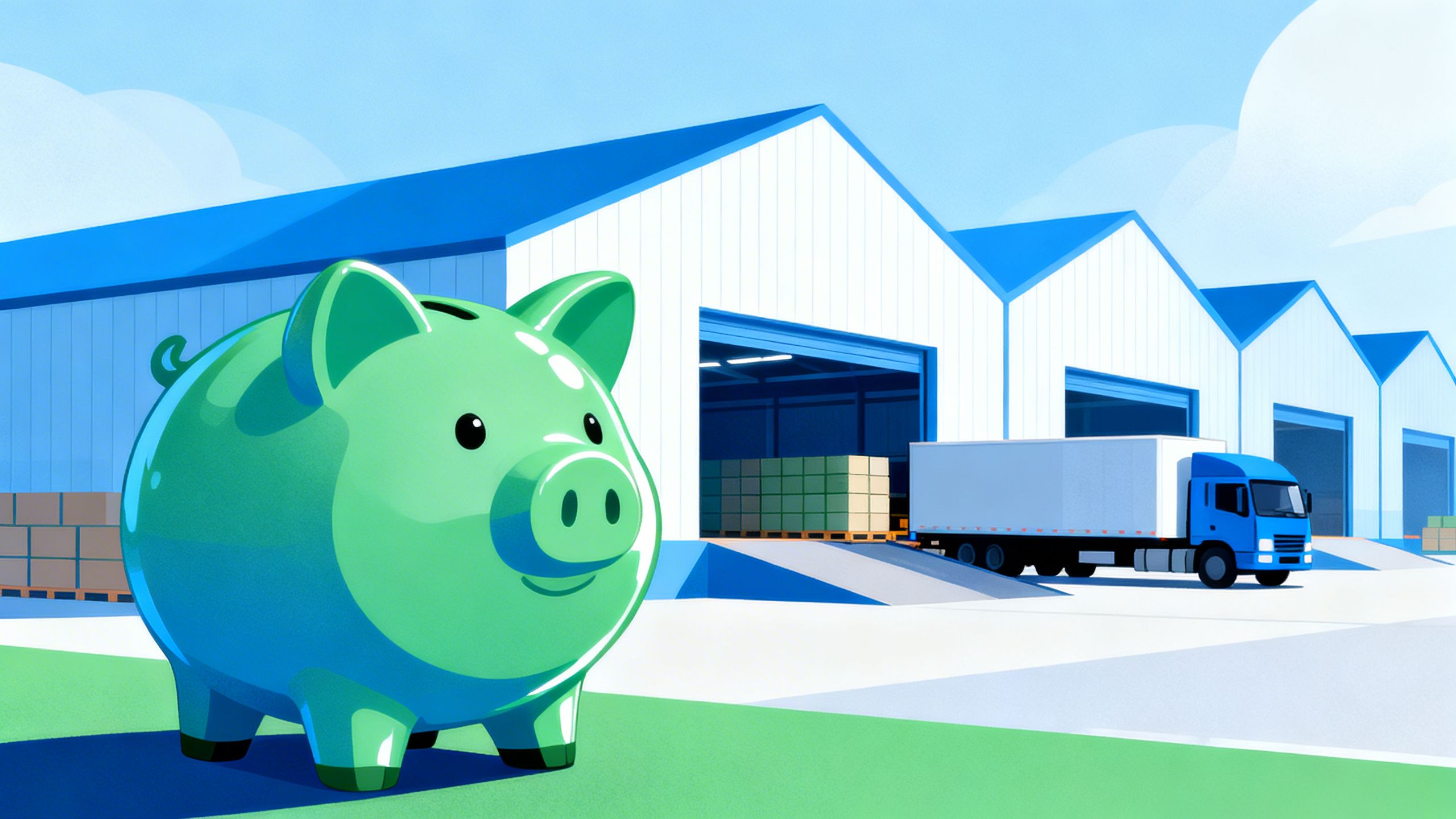 An illustration of a piggy bank getting fatter with a background of a streamlined warehouse, symbolizing cost savings from efficient inbound and outbound logistics.