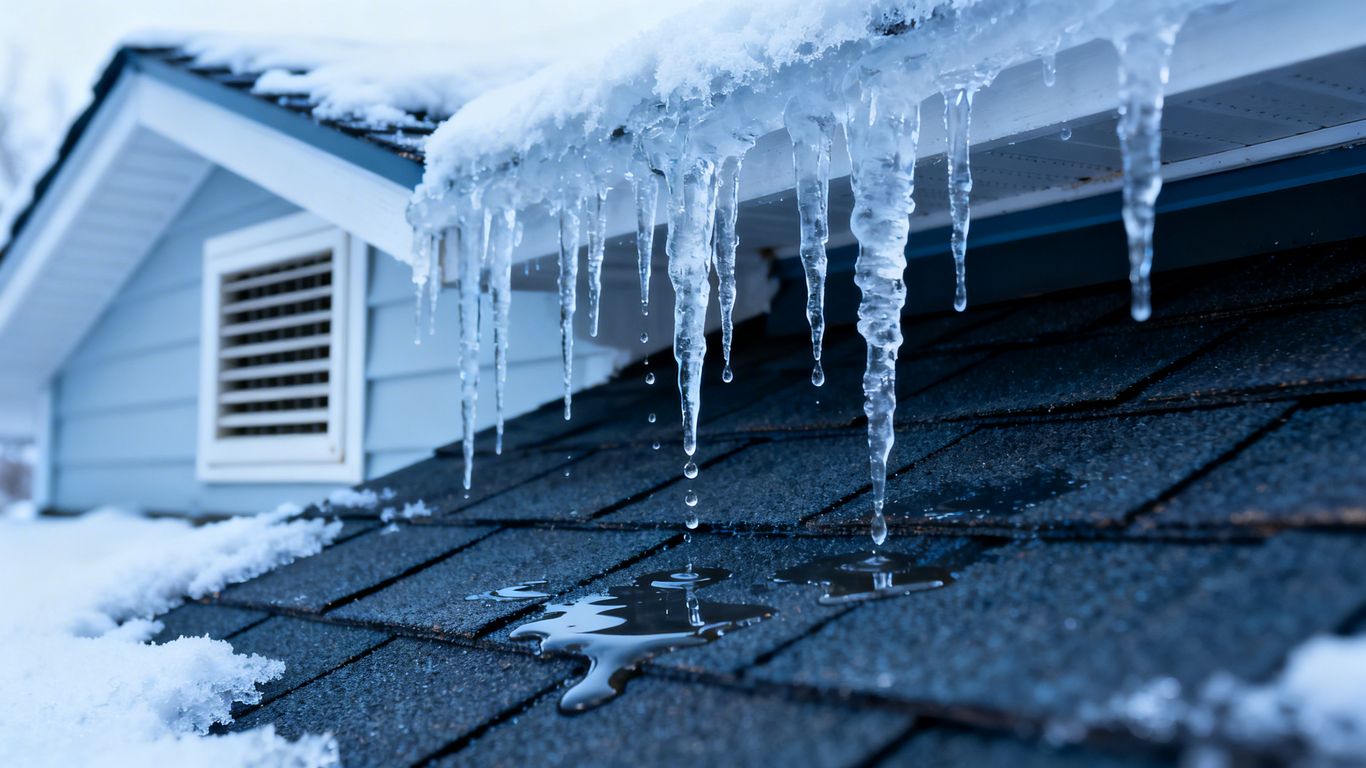 Icicles melting on a house roof edge.