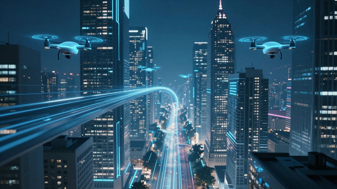 Futuristic cityscape with data streams and AI drones.