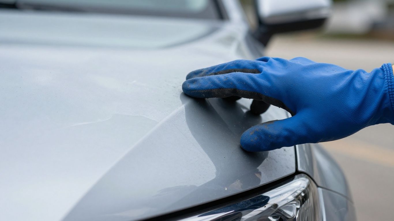 Auto-Schaden am Stoßfänger, Gutachter prüft Delle.