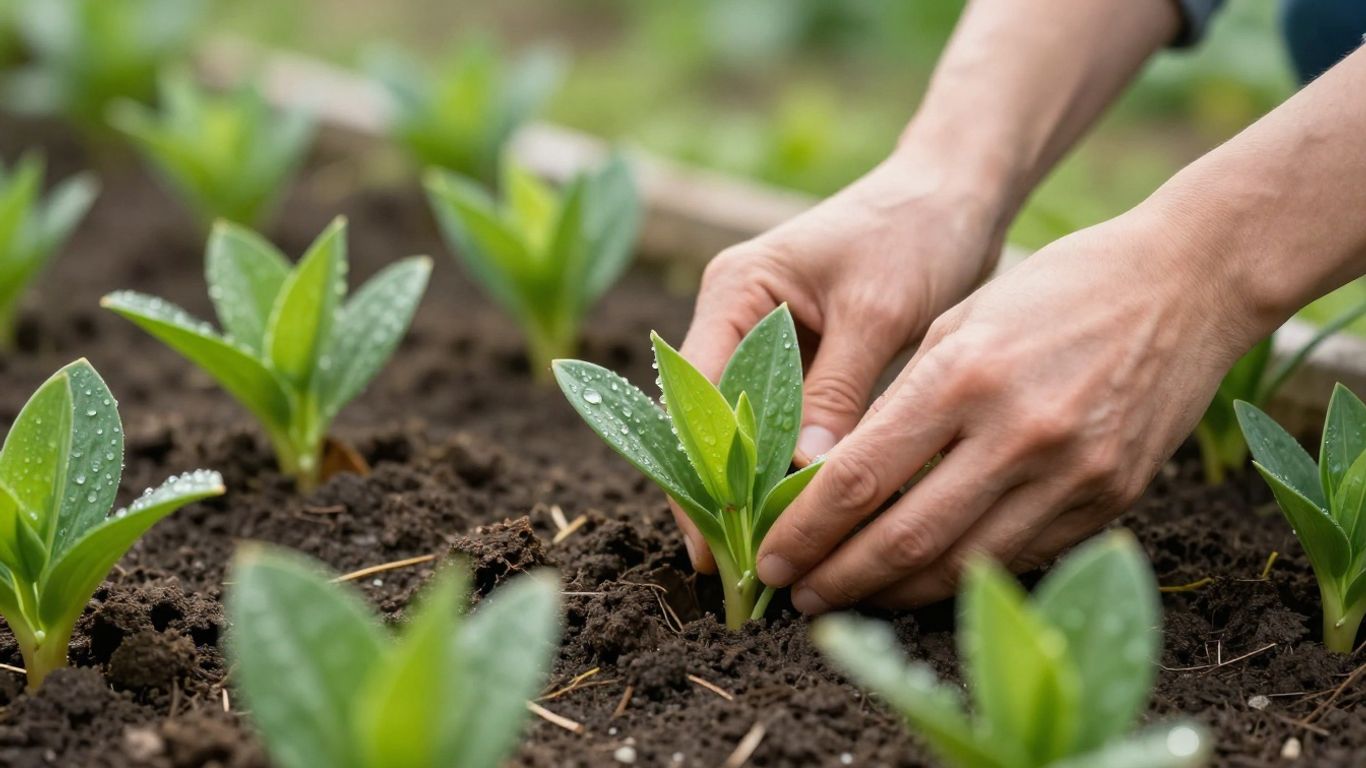 Garten im Frühling mit jungen Pflanzen und Sonnenlicht
