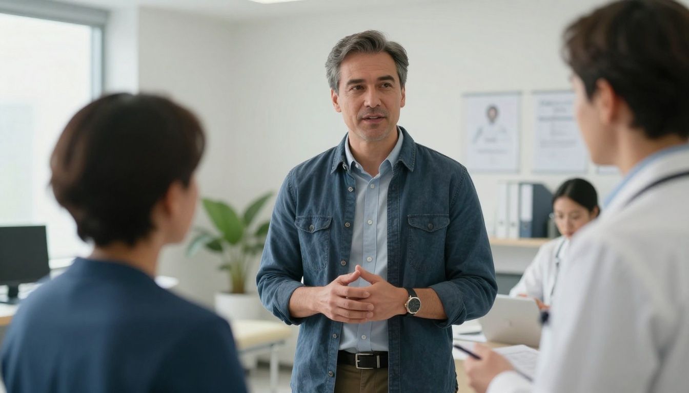 A diverse, confident man in his 40s speaking with a professional, attentive physician in a modern, clean, upscale clinical consultation office.