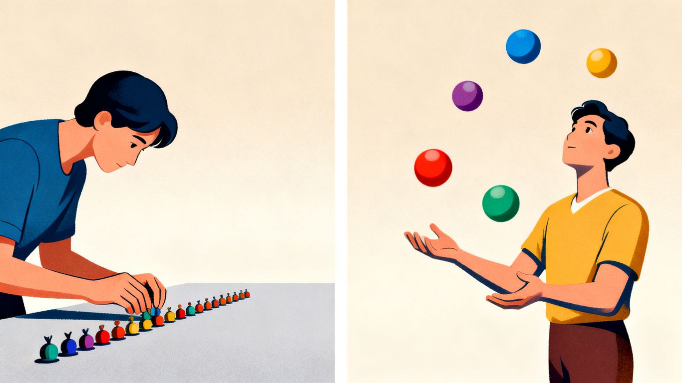 Split image comparing OCD organization and ADHD juggling.