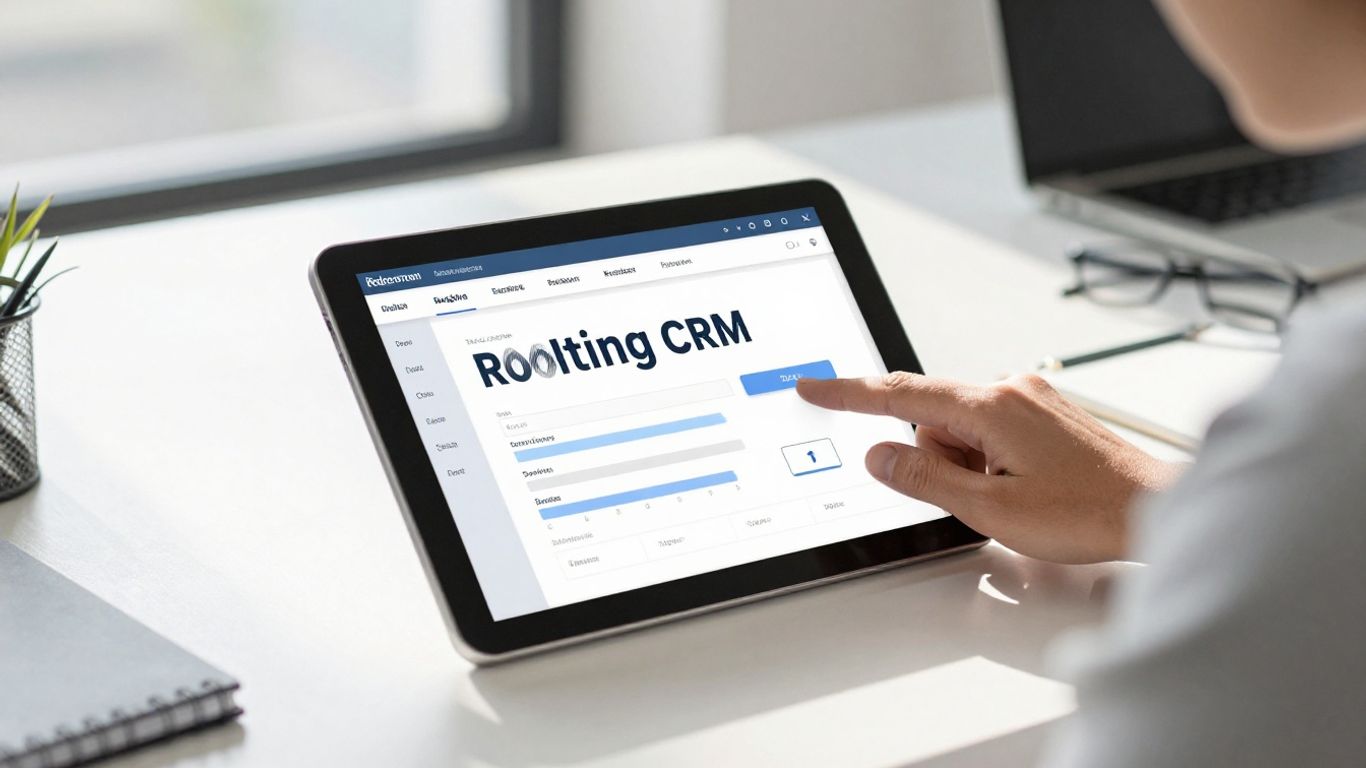 Roofing business CRM on a tablet screen.