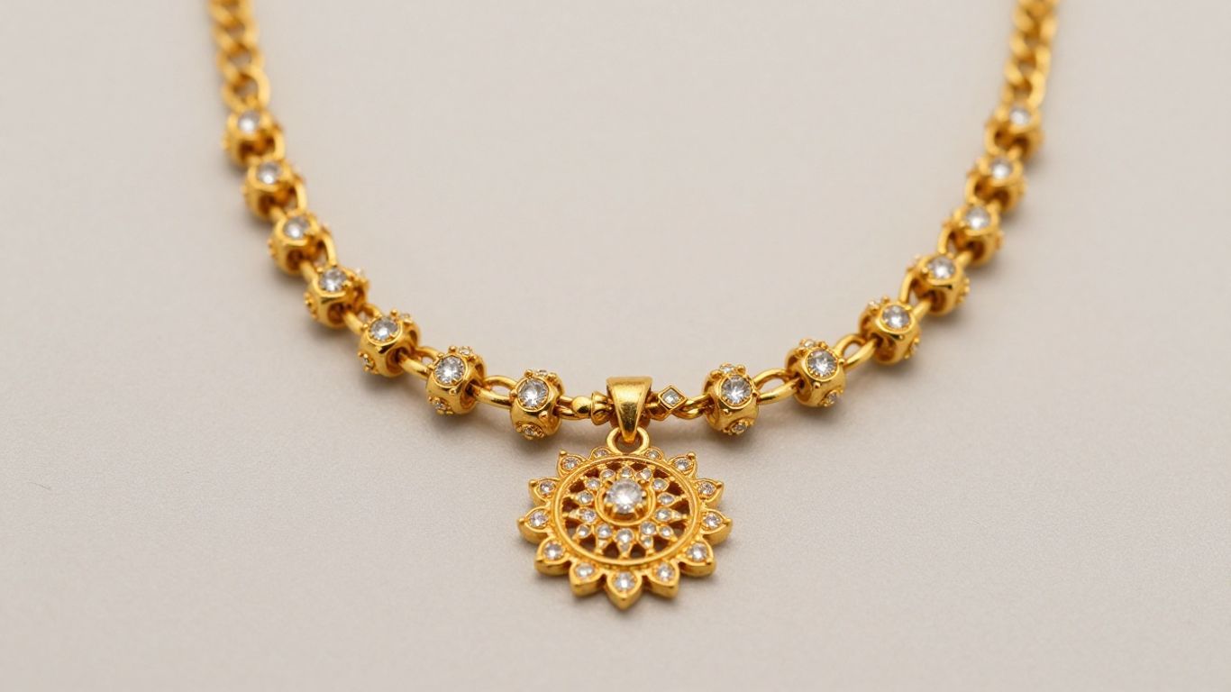 Elegant gold mangalsutra with diamonds and pendant.