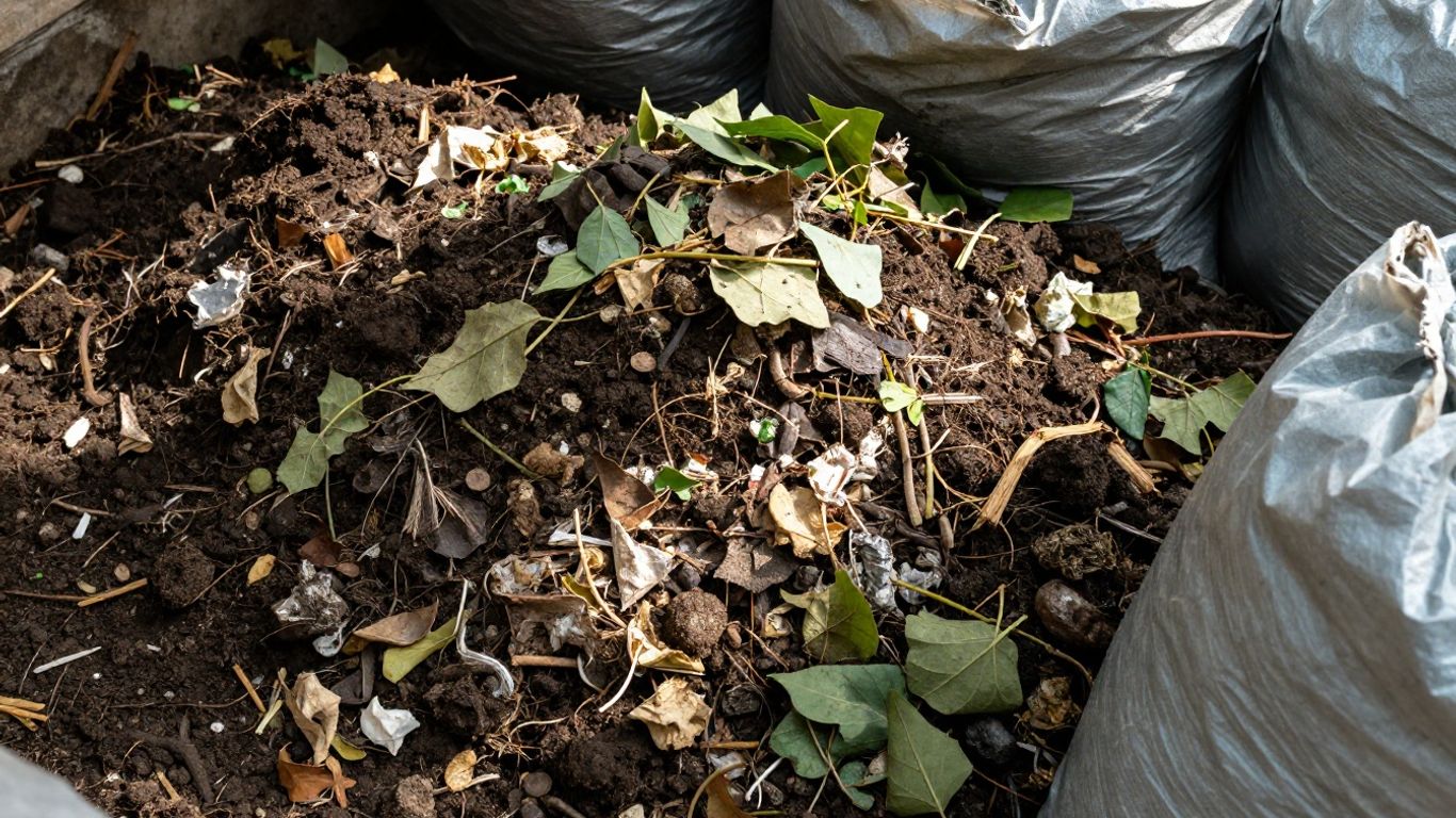 Compostable bags breaking down in soil with leaves.