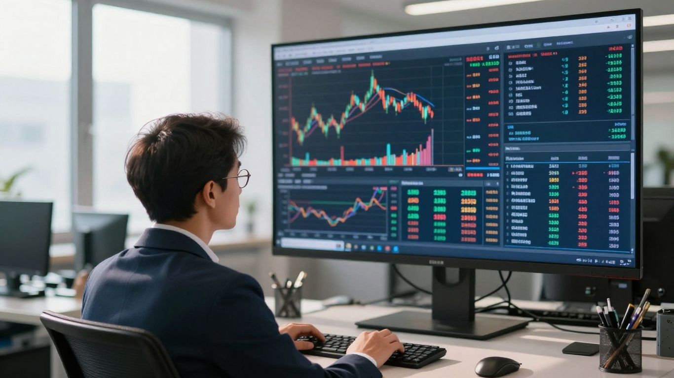 Trader focused on financial data on a large screen.