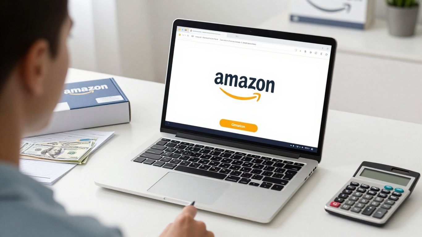 Amazon seller with laptop, packages, money, and calculator