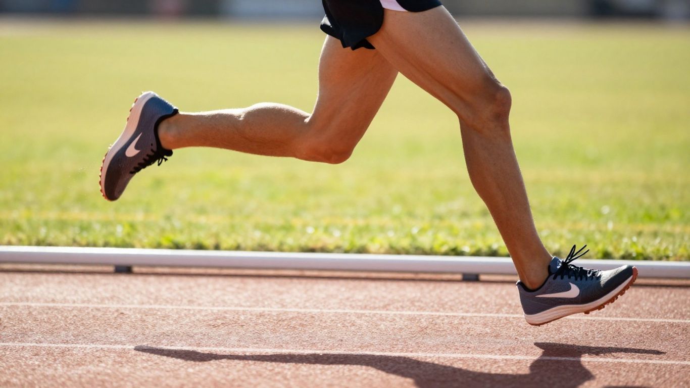 Runner's legs on a track during interval training.
