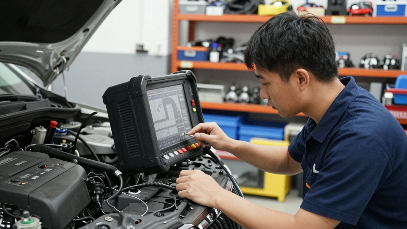 Mechanic inspecting a used Skoda component