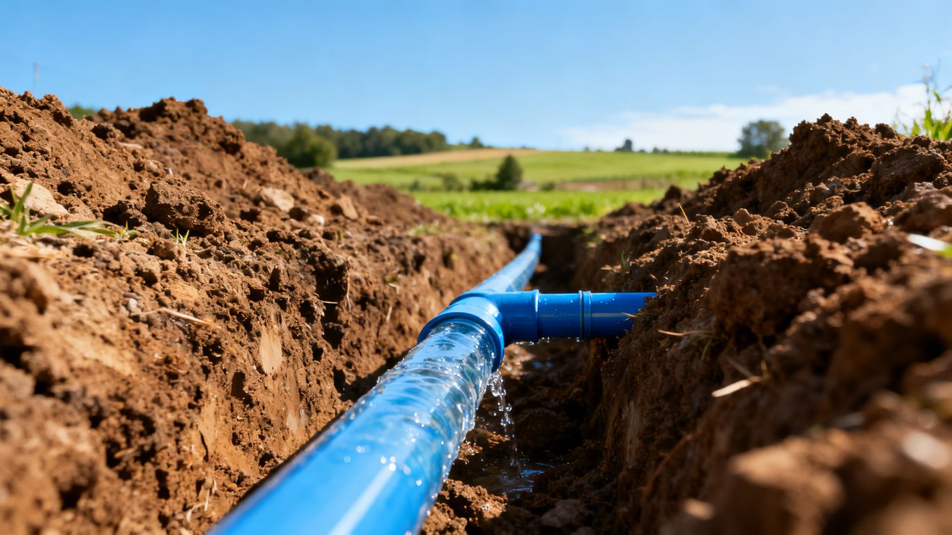 Water line installation in progress on a property.