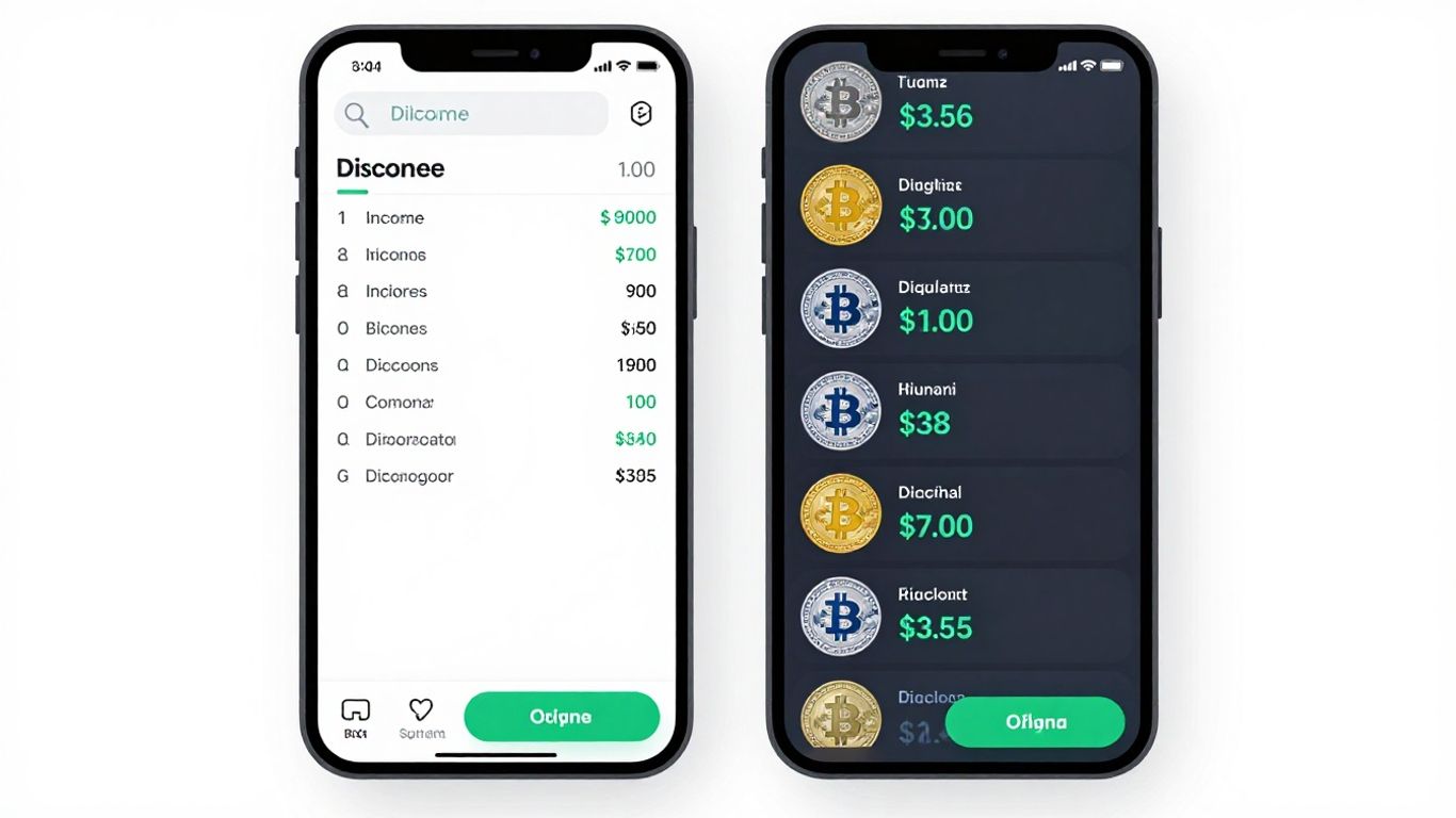 Digital crypto wallet interface with balances and transactions.