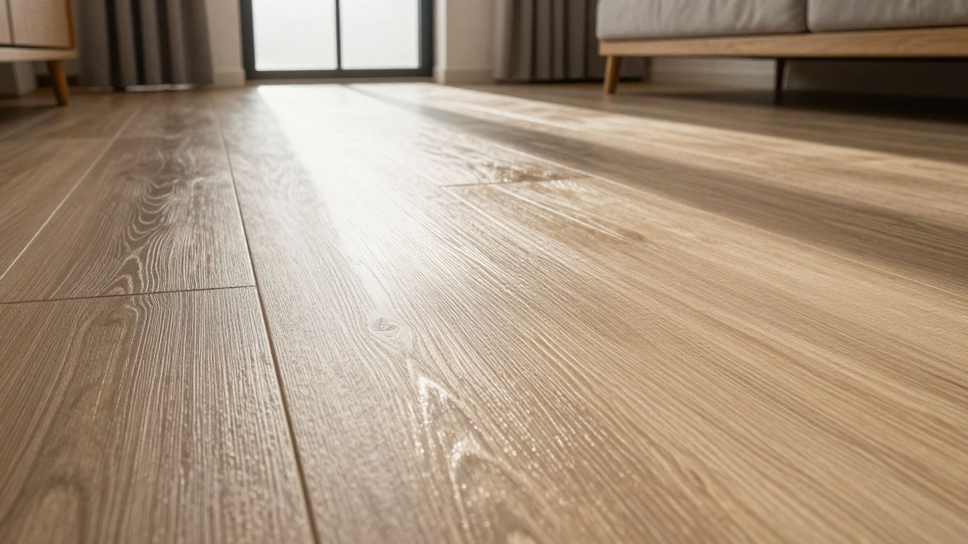 Modern hybrid flooring with wood grain texture.