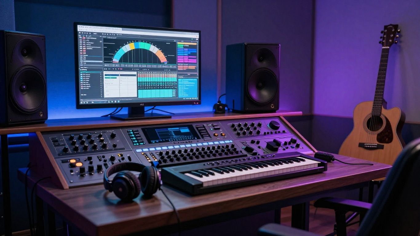 Modern music studio with real and virtual instruments
