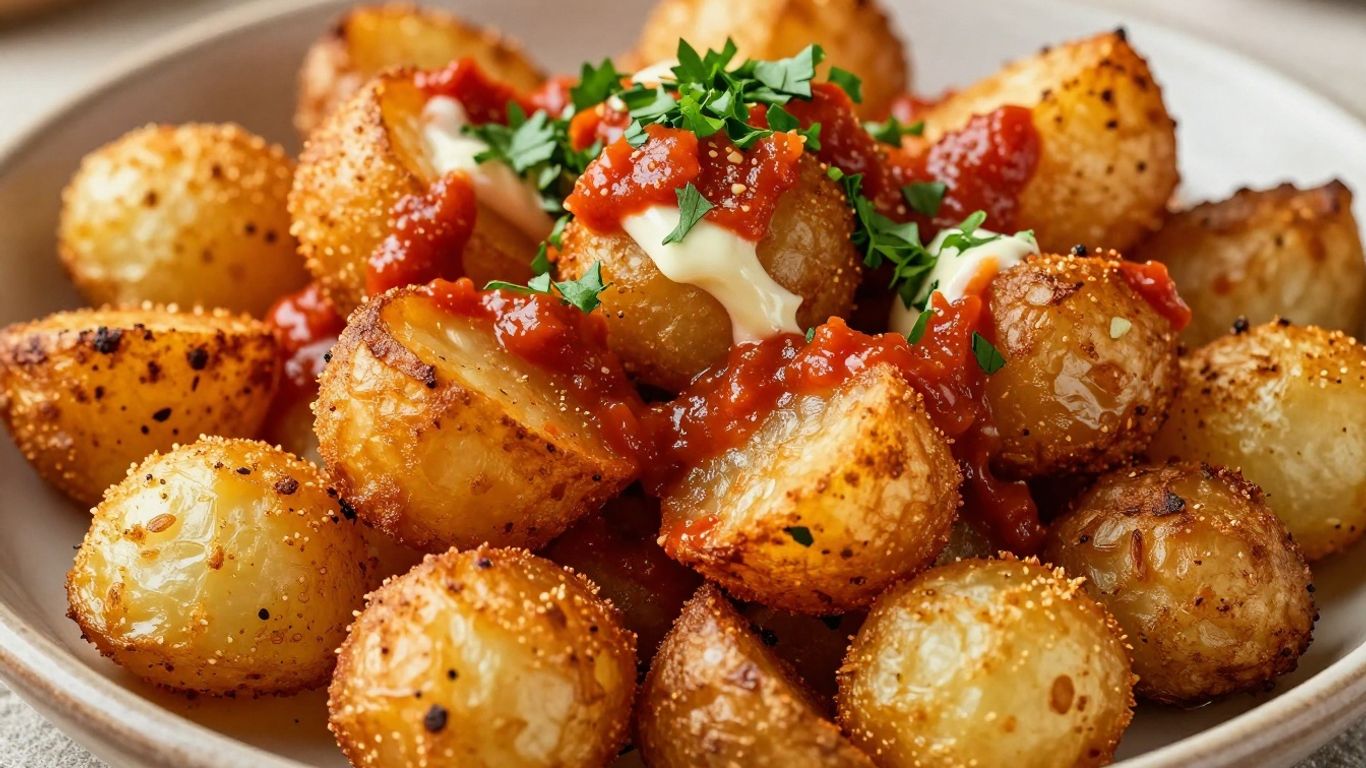 Crispy patatas bravas with sauce and aioli on a plate.