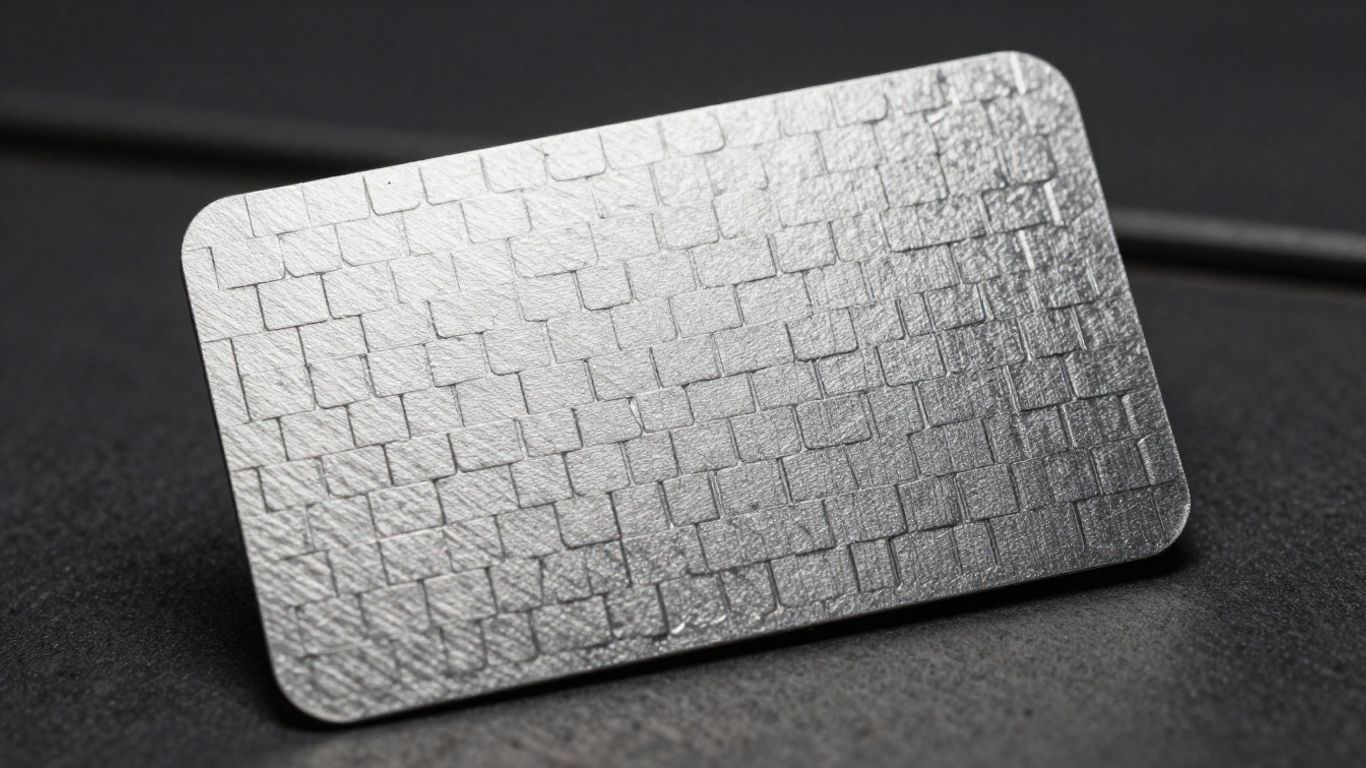 Stainless steel roofing business card with shingle texture.