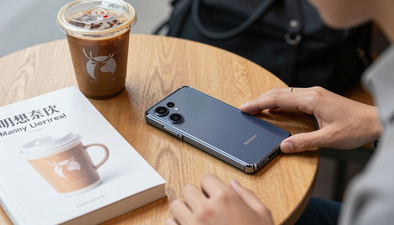 A person sitting at a bustling cafe, placing their Samsung Galaxy S26 in a sleek yet durable case onto the table next to a coffee and a travel guide.