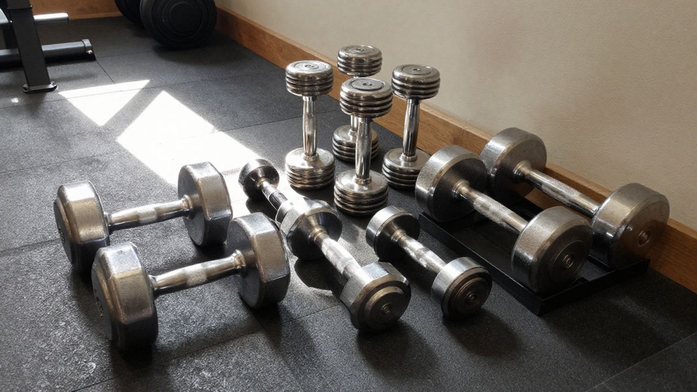 Various dumbbells arranged neatly in a home gym setting.