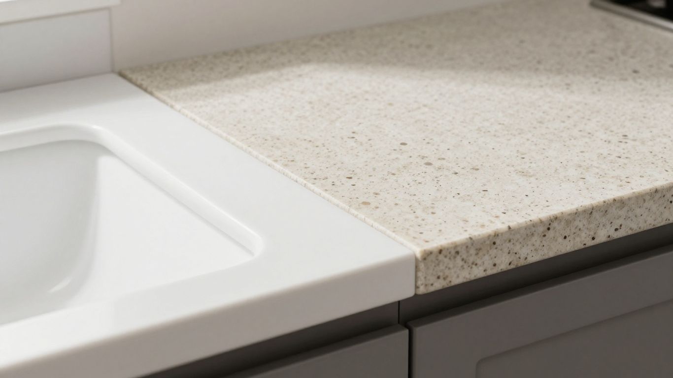 Porcelain and quartz kitchen countertops side-by-side.