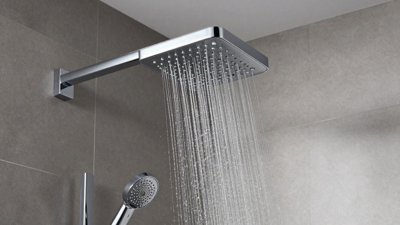 Square rainfall shower head in a modern bathroom.