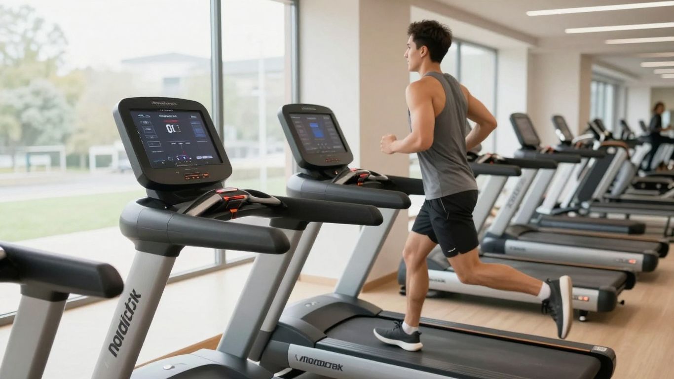 NordicTrack x32i treadmill with runner and large screen.