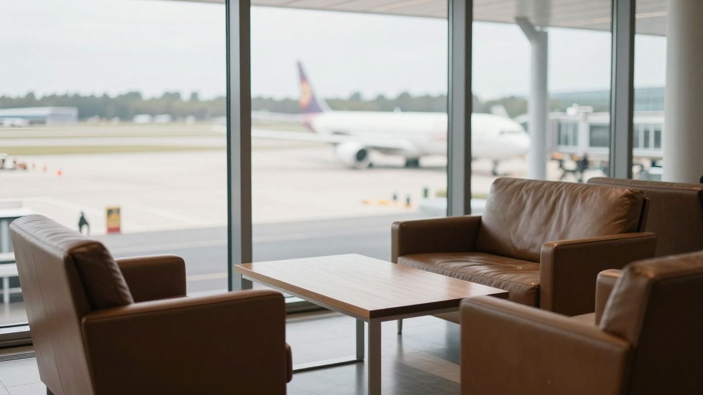 A serene airport lounge with natural window light